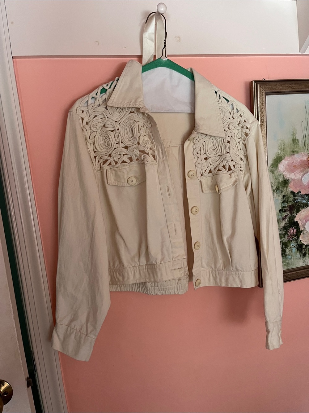 Women's Cream Lace-Trim Button Front Jacket